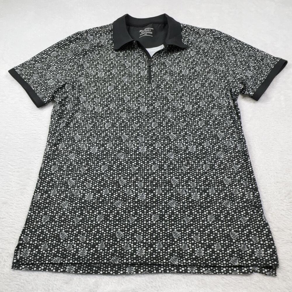 Ben Sherman Sport Polo Shirt Mens M Black Polka Dot Zip Stretch Guitar Pik